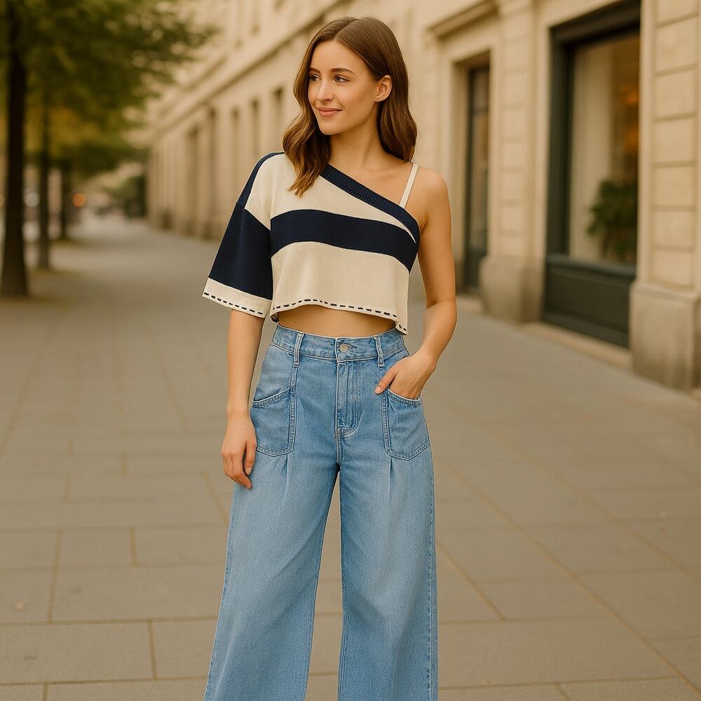 River Island Jeans Blue Tailored Wide Leg Pleated Denim